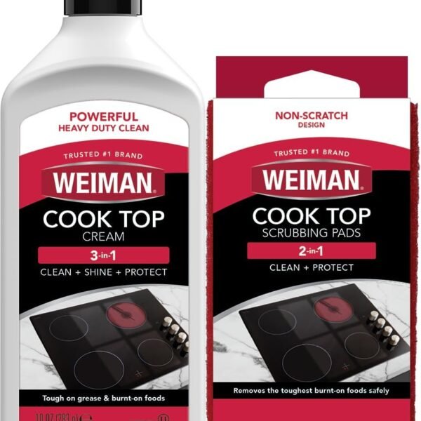 Weiman Ceramic and Glass Cooktop Cleaner - Heavy Duty Cleaner and Polish (10 Ounce Bottle and 3 Scrubbing Pads)